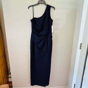 Eliza J Navy Blue Long One Shoulder Gown Cross Front Detail Size 12